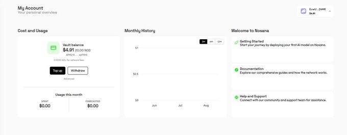 A screenshot of a 'My Account' dashboard for Nosana showing a vault balance of $4.91, monthly usage history chart, and a welcome message with getting started tips.