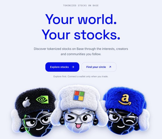 A promotional graphic for tokenized stocks on Base featuring the headline 'Your world. Your stocks.' with 'Explore stocks' and 'Find your circle' buttons, accompanied by three plush characters wearing hats branded with Apple/NVIDIA, Microsoft, and Amazon logos.