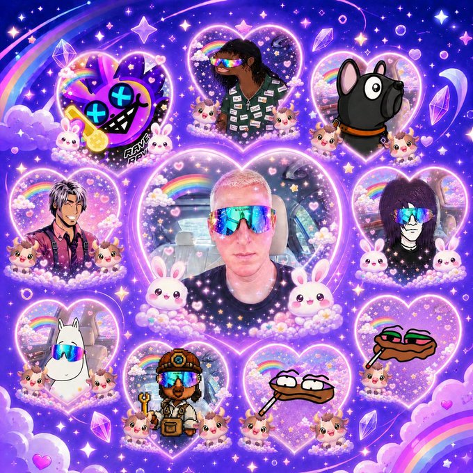 A vibrant, purple-themed digital collage features multiple heart-shaped frames containing photos of a man wearing reflective sunglasses, various anime/manga characters, a black cat, cute hamsters, and rainbows, all set against a sparkly background with crystals and clouds.