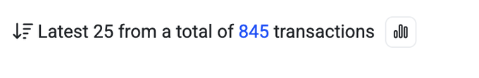 A digital interface displays the text 'Latest 25 from a total of 845 transactions' alongside a filter icon.
