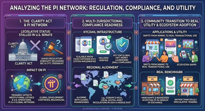 An infographic titled "Analyzing the Pi Network: Regulation, Compliance, and Utility" outlines three key areas, highlighting that the CLARITY Act and Pi Network are stalled in the U.S. Senate, with the bill remaining pending and regulatory ambiguity between SEC and CFTC oversight unresolved. It also covers multi-jurisdictional compliance readiness and the shift toward real ecosystem adoption for Pi.