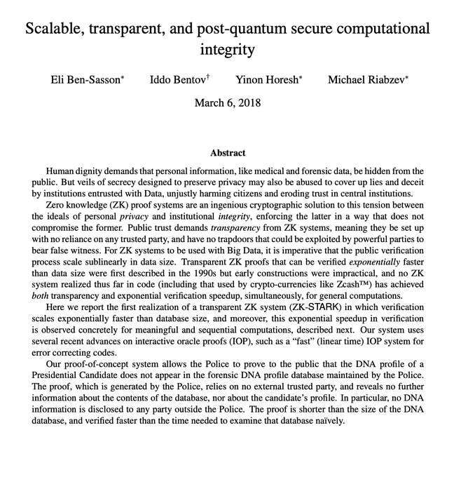 The first page of an academic paper titled "Scalable, transparent, and post-quantum secure computational integrity" by Eli Ben-Sasson, Iddo Bentov, Yinon Horesh, and Michael Riabzev, dated March 6, 2018, presenting the ZK-STARK proof system.