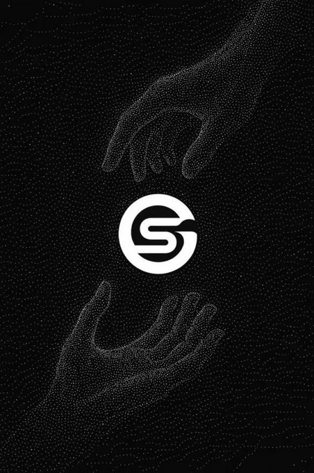 A stylized graphic shows two hands forming a circle around a white circular logo with an 'S' design on a black textured background.