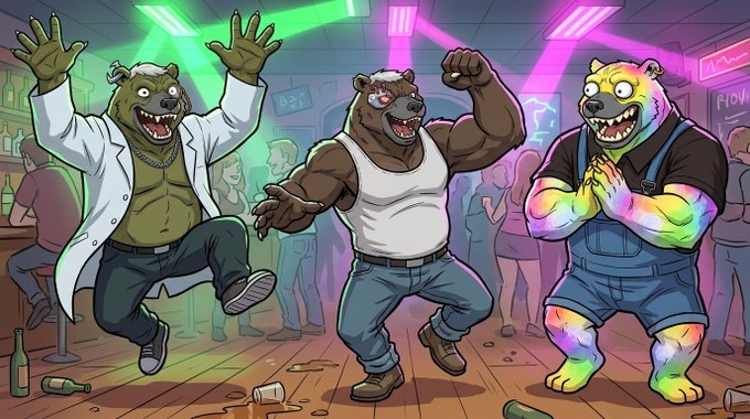 A cartoon illustration depicts three anthropomorphic bears dancing energetically in a neon-lit nightclub, wearing clothes like a lab coat, tank top, and overalls.