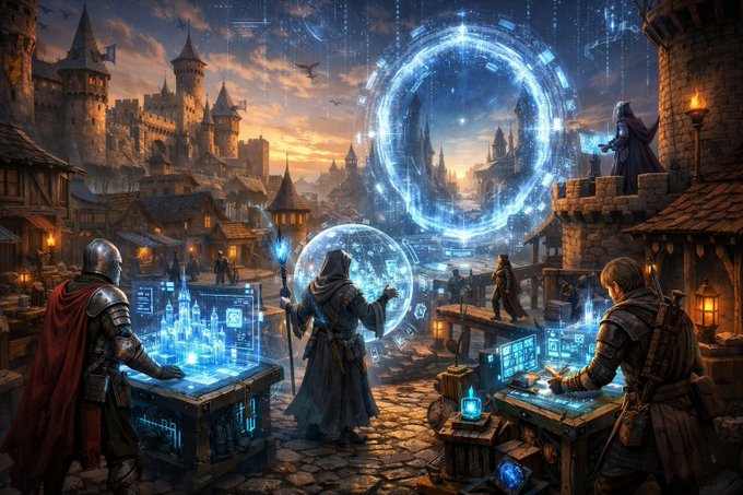 A hooded mage conjures glowing blue digital interfaces and portals within a medieval fantasy kingdom, as armored figures and townspeople interact with holographic technology at dusk, symbolizing the merging of classic adventure with futuristic innovation to "build your digital life."