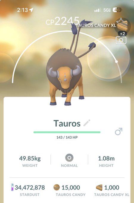 A Pokémon GO screenshot displays a shiny Tauros with CP 2245, weighing 49.85kg and measuring 1.08m tall, along with stardust and candy counts.