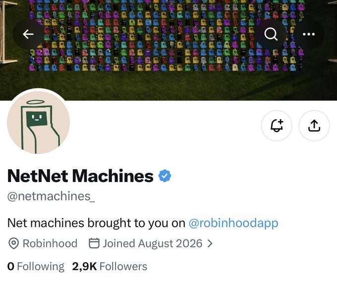 A social media profile for 'NetNet Machines' (@netmachines_) on what appears to be a social platform, showing 2.9K followers with a banner of colorful pixelated net machines.