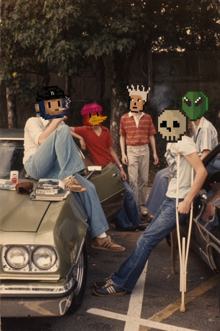 A retro-style photo of a group of young people hanging around vintage cars in a parking lot, with pixelated graphics covering their faces.