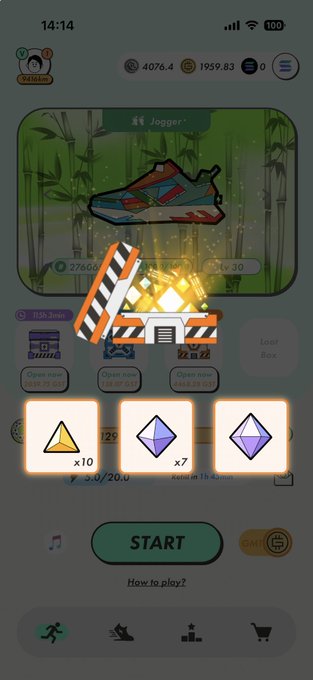 A screenshot from the STEPN app displays an MB9 sneaker mystery box being opened, revealing rewards of a Common Sneaker (x10), Uncommon Sneaker (x7), and Epic Sneaker (x1), with in-game currency shown as 4,076.4 GMT and 1,959.83 GST. The image ties to the post by capturing the unboxing moment of the MB9 sneaker box in the STEPN game.