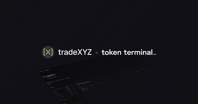 The image is a dark promotional graphic featuring the tradeXYZ logo and text reading "tradeXYZ × token terminal," with a preview of the tradeXYZ dashboard displaying tabs like "Overview," "Markets," "Funding Rates," "Liquidations," and "Trades" alongside a "Refined trading volume" chart. The graphic visually reinforces the post's message by showcasing tradeXYZ's analytical interface, positioning it as the platform providing the trading infrastructure that powers Hyperliquid's non-crypto markets.