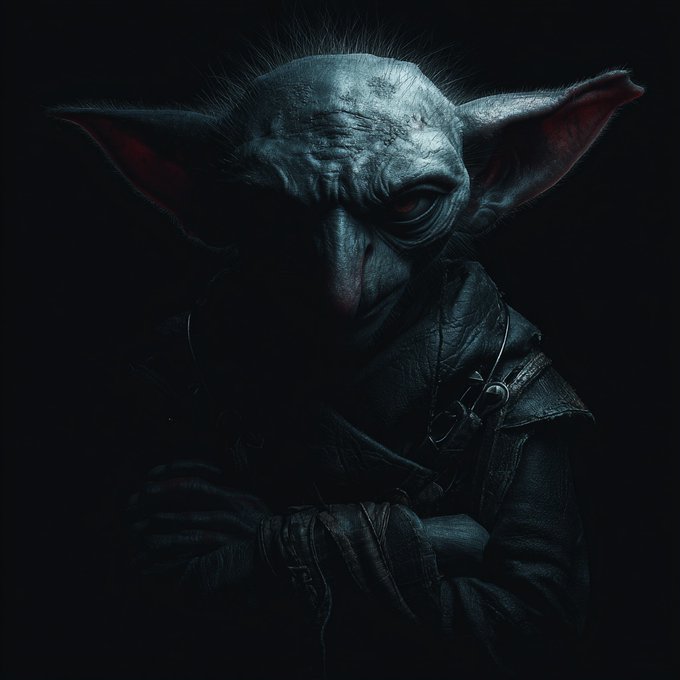 A dark, cinematic portrait of a goblin-like creature with large pointed ears, a long nose, and intense red eyes, wearing dark leather clothing.