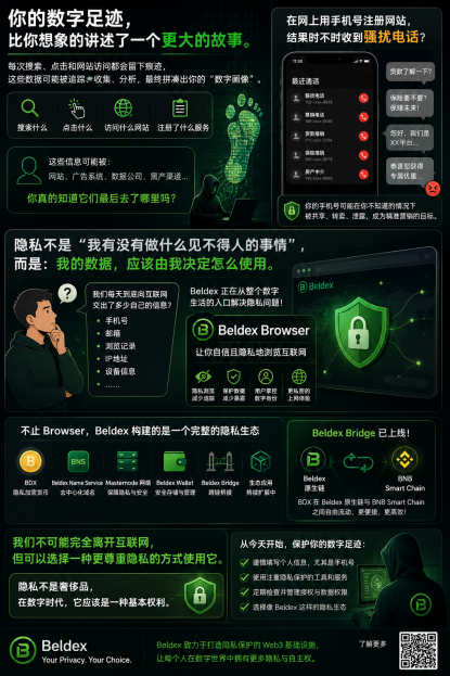 A dark-themed promotional graphic for 'Beldex' and 'Beldex Browser' in Chinese, highlighting privacy features, encrypted communication, digital footprint protection, and ecosystem components like Beldex News Series, Masternodes, Beldex Wallet, Beldex Bridge, BNS, and BNB Smart Chain.