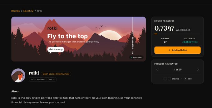 The image shows a Gitcoin Grants funding round page for "rotki" (an open-source crypto portfolio manager), displaying 0.7347 WETH raised from 27 backers with an "Add to Ballot" button. The page, categorized under "Open Source Infrastructure," visually reinforces the post's message about reaching 0.73 ETH from 27 supporters while highlighting the ongoing funding campaign that needs more backing before the round closes.