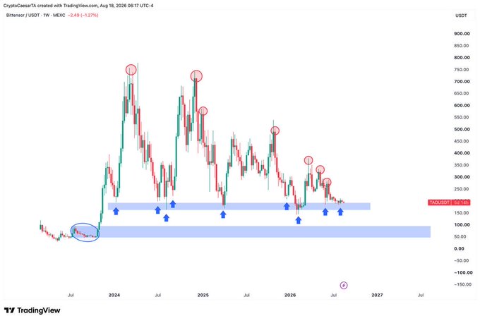 The image is a weekly TradingView chart of Bittensor (TAO/USDT) showing a multi-year price range between roughly $150–$200 highlighted by blue support bands, with red circles marking previous swing highs near $750, $700, $500, $400, and $300, and blue arrows indicating successful retests of the support zone—reinforcing the post's bullish "buying the shit out of this chart" sentiment on TAO.