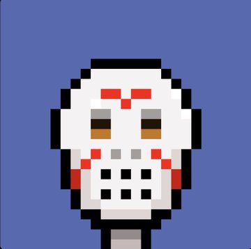 A pixel art image of a white skull with red markings, brown eyes, and gray teeth on a blue background, likely representing one of the "Pitboys" characters mentioned in the post about $DERP crypto.