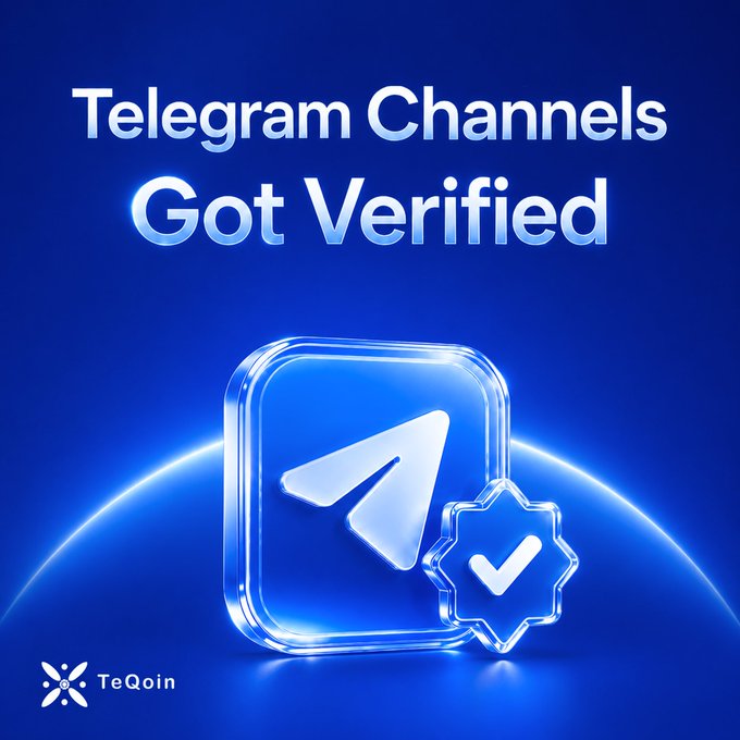 A glowing blue Telegram logo with a verified checkmark badge sits beneath the headline "Telegram Channels Got Verified," with the "TeQoin" branding in the corner, visually reinforcing the announcement that the TeQoin Telegram channel has officially been verified by Telegram.