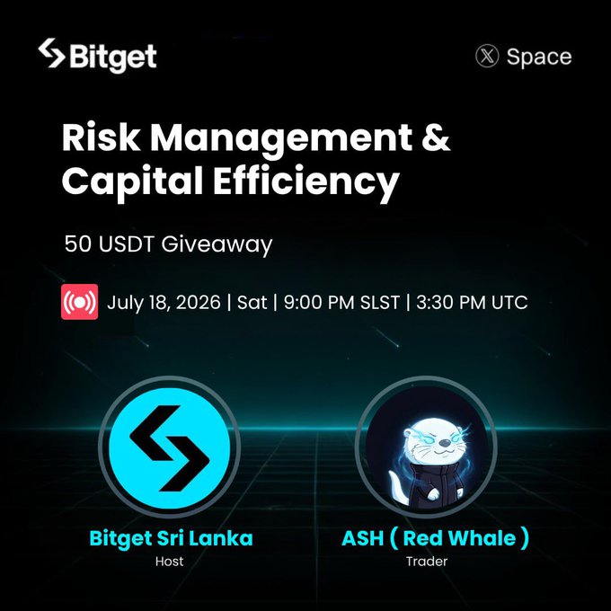 A promotional graphic for a Bitget X Space event titled 'Risk Management & Capital Efficiency' featuring a 50 USDT giveaway on July 18, 2026, with host 'Bitget Sri Lanka' and trader 'ASH (Red Whale)'.