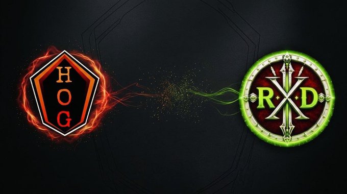 Two cryptocurrency logos side by side: HOG (Hogg coin) in a fiery red hexagonal emblem on the left, and RXD (Radiant) in a green circular emblem on the right.