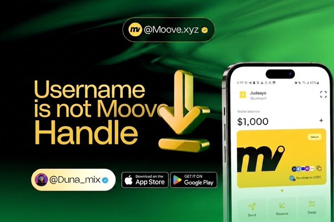 The image is a promotional graphic for Moove wallet (@Moove.xyz) featuring text that warns "Username is not Moove Handle," alongside a screenshot of the app's interface showing a $1,000 wallet balance and a verified handle "@Duna_mix," directly illustrating the post's warning about confusing usernames with actual Moove handles when transferring crypto.