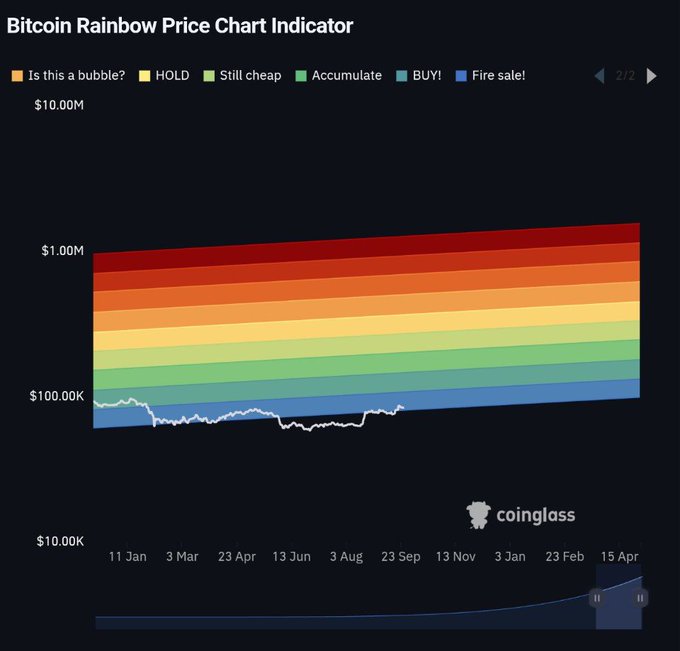 The image shows a Bitcoin Rainbow Price Chart Indicator from Coinglass, displaying BTC's price hovering in the blue "Fire sale!" zone around $100K from January 2024 through April. This visually supports the claim that Bitcoin remains deeply undervalued at $84.8K, sitting at the bottom of the rainbow bands.