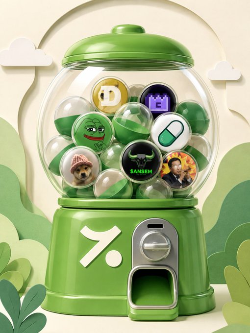 A green gumball machine filled with balls featuring various memecoins ($D, a purple crypto icon, Pepe the Frog, a pill capsule, a dog in a hat, "SANSEM" with a bull logo, and a man eating) sits against a nature-themed background. The image visually represents a gamble or lottery among the listed memecoins—suggesting viewers "drop their pick" for which coin will be the real jackpot.