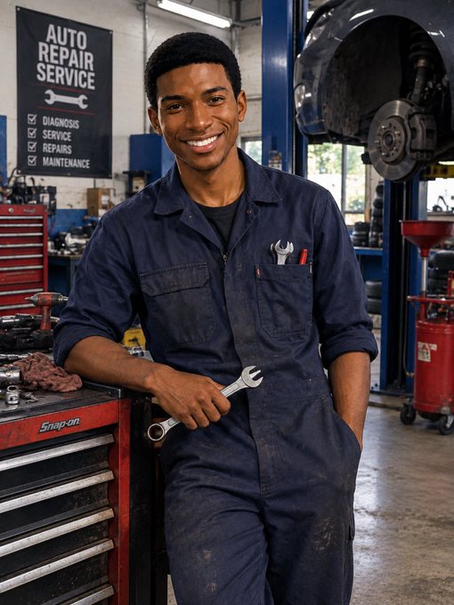 A smiling mechanic in a blue work suit holds a wrench in an auto repair shop, with an 'AUTO REPAIR SERVICE' banner advertising 'DIAGNOSIS, SERVICE, REPAIRS, MAINTENANCE' behind him.