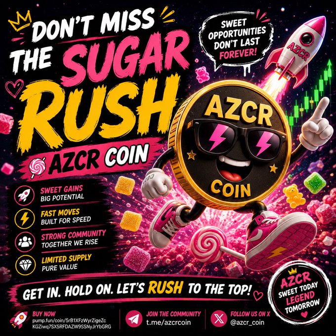 The image features a cartoon character, likely a character from a popular video game or movie franchise, wearing sunglasses and holding a coin with a rocket ship on top of it. The text above the character reads "Don't Miss the Sugar Rush", which is related to an advertisement for a cryptocurrency called "AZCR Coin". Below this, there are descriptions of what the coin can do, such as providing sweet opportunities or enabling fast transactions within a community.