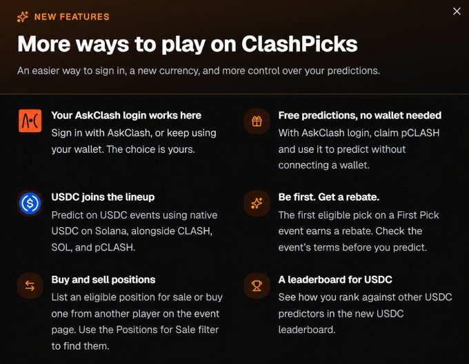 A promotional screen for ClashPicks titled 'More ways to play on ClashPicks' highlights new features including AskClash login, USDC support on Solana, free predictions, rebates, buying/selling positions, and a USDC leaderboard.
