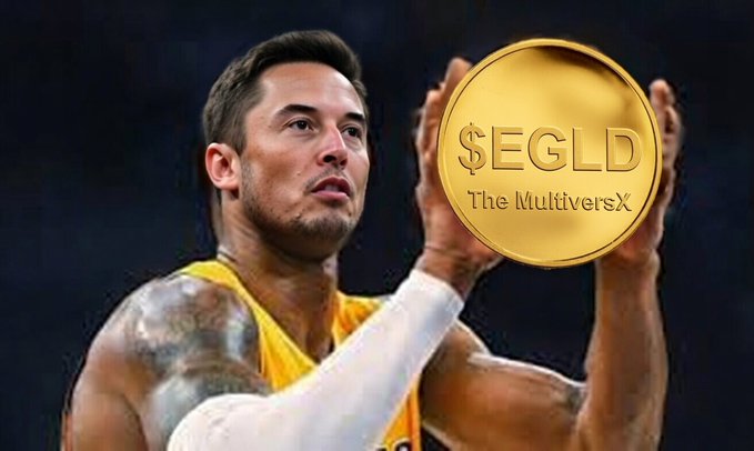 The image shows basketball player Juan Toscano-Anderson in his Lakers jersey, appearing to shoot a basket, with a digitally added large gold coin reading "$EGLD The MultiversX" overlaid next to him. The visual metaphor of "shooting" the EGLD coin toward a basket complements the post's bullish sentiment about MultiversX and EGLD's potential to surpass its previous all-time high.