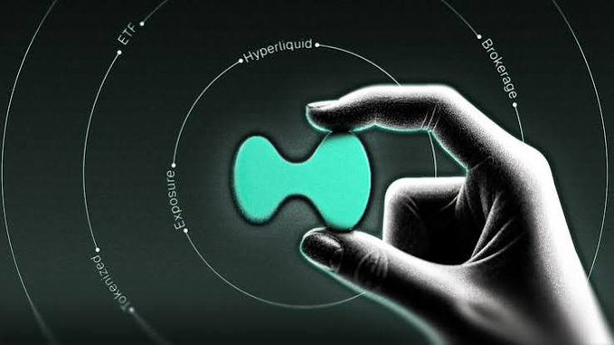 A hand holds a glowing teal Hyperliquid logo with surrounding concentric circles labeling concepts like 'ETF', 'Hyperliquid', 'Brokerage', 'Leveraged', and 'Exposure'.