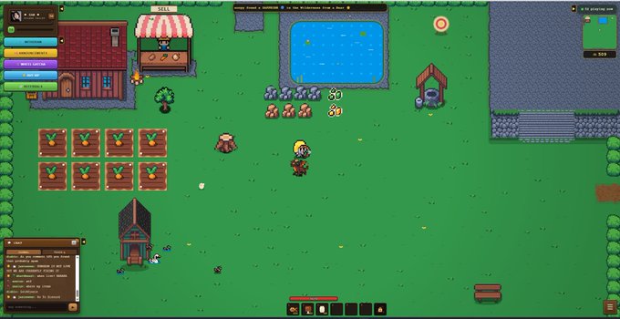 A screenshot of a 2D pixel-style farming or village-building browser game showing a character standing on grass near a house, farm plots, a pool, and various game UI elements.