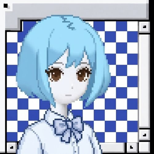 A pixel art illustration depicts an anime-style character with light blue hair and brown eyes, wearing a white shirt with a blue bow, set against a blue and white checkered background.