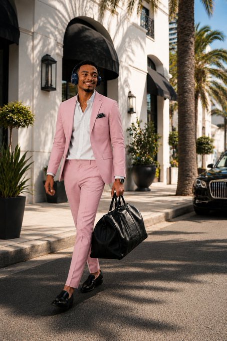A stylish man in a pink suit walks down a sunny street carrying a black duffel bag, wearing headphones and smiling confidently past palm trees and a luxury car. The image conveys the same upbeat, affluent, and carefree energy as the post's celebratory Taco Tuesday vibe, complementing the bullish sentiment around $ANSEM.