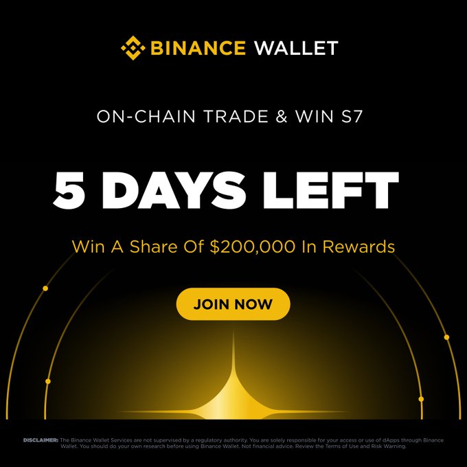The image is a Binance Wallet promotional graphic for "On-Chain Trade & Win S7," displaying "5 Days Left" with a $200,000 reward pool and a yellow "Join Now" call-to-action button, reinforcing the urgency of the registration deadline mentioned in the post.