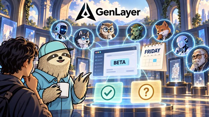 Promotional graphic for 'GenLayer' featuring a sloth character and several anthropomorphic animal avatars connected in a futuristic setting with a 'BETA' interface and a 'FRIDAY' calendar.