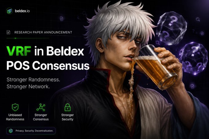 An anime-style promotional graphic for beldex.io announcing a research paper on 'VRF in Beldex POS Consensus' with the tagline 'Stronger Randomness. Stronger Network.' and features including Unbiased Randomness, Stronger Consensus, and Stronger Security.