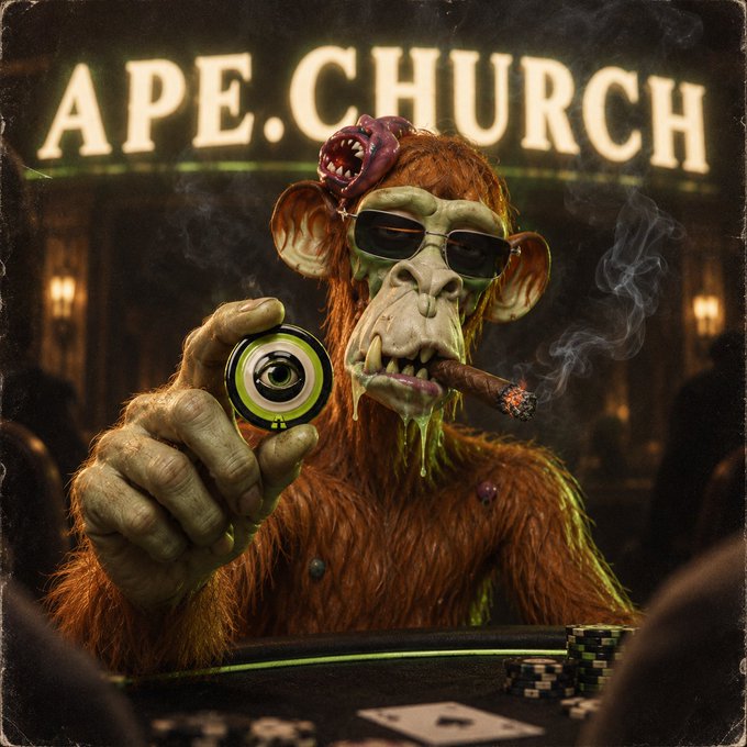 A surreal image of a green-faced, cigar-smoking orangutan wearing sunglasses, holding up a Bored Ape Yacht Club token in front of an 'APE.CHURCH' sign.
