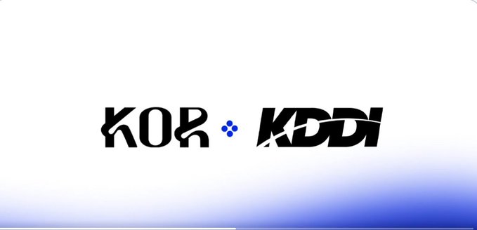 A logo graphic displays 'KOR' and 'KDDI' in bold black text separated by a small blue dot symbol on a white and blue gradient background.