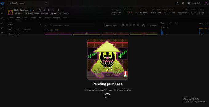 A screenshot of the OpenSea NFT marketplace showing the "Rekt Tradoor" collection page with a "Pending purchase" loading screen featuring a pixel-art skull character.