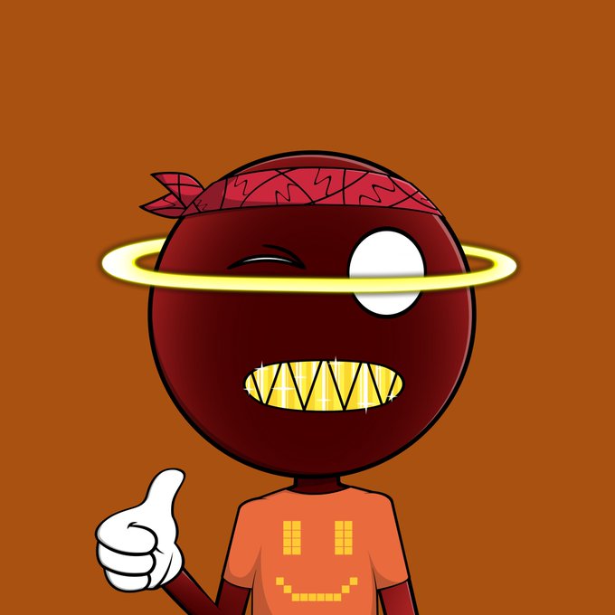 A cartoon character with a dark red, spherical head, gold teeth, and a yellow halo gives a thumbs-up while wearing an orange shirt with a pixelated smiley face.