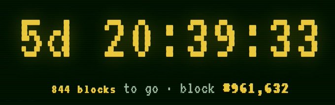 A digital countdown timer showing '5d 20:39:33' with text reading '844 blocks to go · block 961,632'.