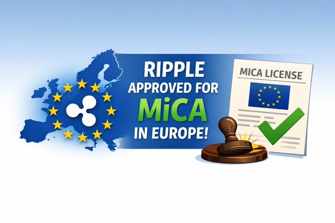A promotional graphic announcing Ripple's MiCA approval in Europe, featuring the Ripple logo, an EU map, a gavel, and a stamped MiCA license document with a green checkmark.