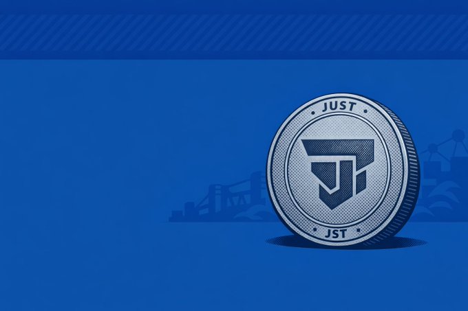 The image features a coin with the word "Just" written on it, placed against a blue background. The coin appears to be made of metal and has a unique design that stands out from typical coins. The text "JST" can also be seen in the image, which might indicate the currency used for transactions within the cryptocurrency world.