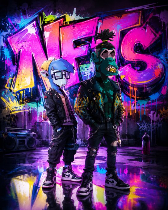 Vibrant graffiti-style digital artwork of two characters in streetwear posing in front of colorful pink and purple 'NFT' graffiti on a wet urban street.
