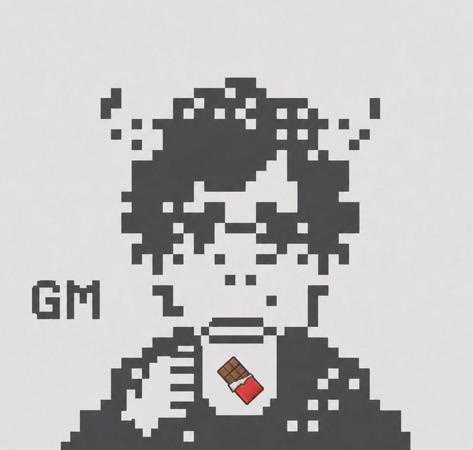 A pixelated black-and-white portrait of a bearded figure whose hair dissolves into scattered pixels, wearing a shirt with a small chocolate bar pin, with "GM" written beside the head—matching the post's simple "GM" (good morning) greeting often shared in crypto/web3 communities.