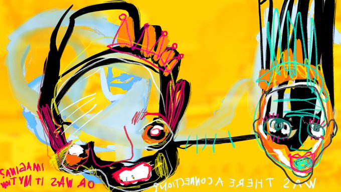 A vibrant, neo-expressionist digital painting with a yellow background, featuring two stylized faces—one crowned—with chaotic neon lines and partially legible text reading 'IMAGINARY CITIZENS' and 'WAS THERE A COLLISION'.