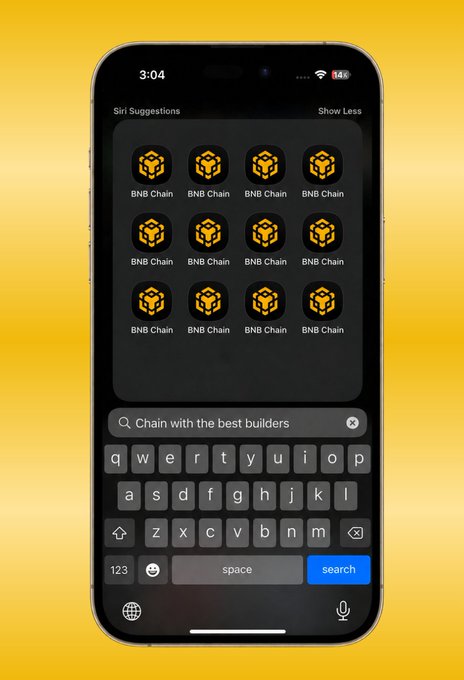 A smartphone displays a Siri Suggestions search screen with the query "Chain with the best builders" entered, showing twelve identical "BNB Chain" app icons in a grid pattern above the keyboard—visually reinforcing the post's message that BNB Chain is the obvious and simple answer to finding the best builder-focused blockchain.