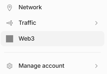 A settings menu with options “Network,” “Traffic,” “Web3,” and “Manage account”; the “Web3” row is highlighted.