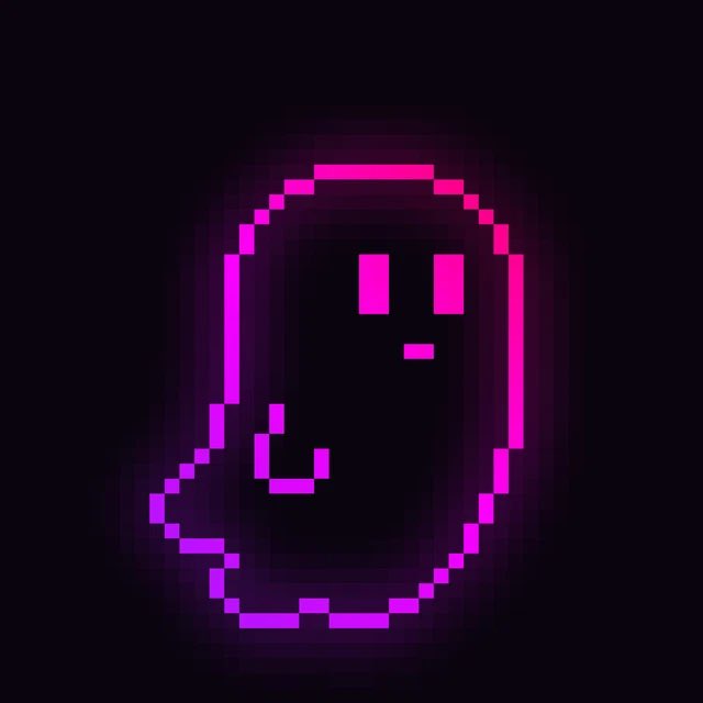 A pixel art illustration of a glowing pink/purple ghost-like character with simple facial features on a black background.