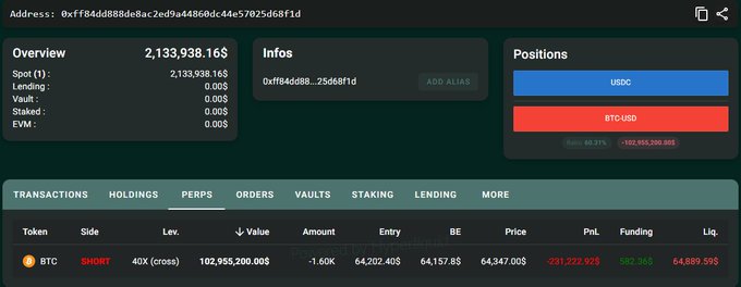 A cryptocurrency portfolio dashboard shows a wallet address with a total value of $2,133,938.16, including a short position on BTC at 40X leverage showing a PnL of -$231,228.92.